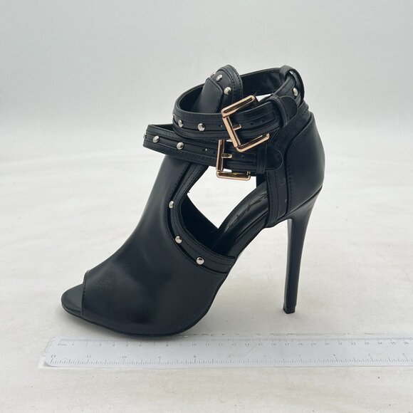 XYD Black Studs Peep Toe High Heels Buckled Double Straps Cutout Ankle Bootie - Picture 2 of 8
